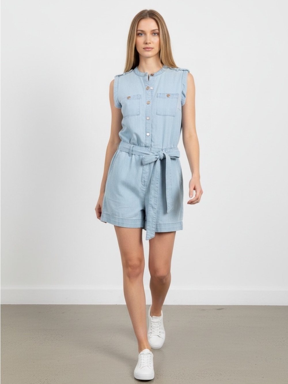 White House Black Market Chambray Sleeveless Romper Belted Denim